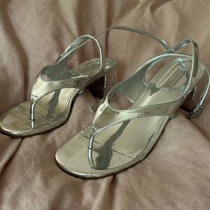 Larroude Summer ‘25 Silver Thong Heel Sandal, worn once only, see photos, as is